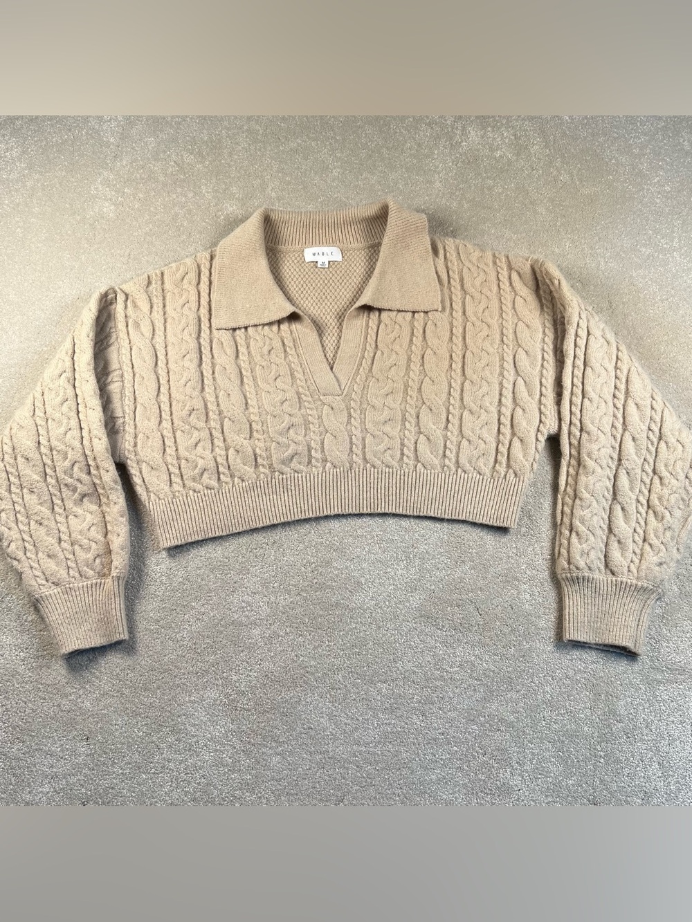 Mable Sweater Cropped V Neck Cable Knit Collar Stretch Long Sleeve Tan Medium